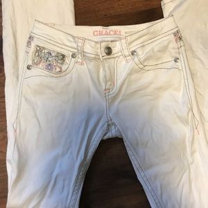 Grace in LA white denim boot cut embellish jeans
